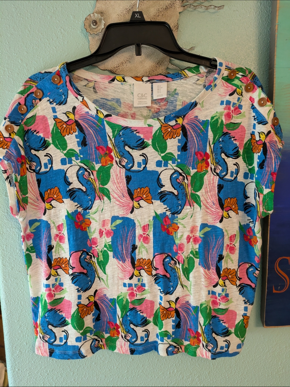 C&C California White Tee with Blue, Pink & Green Tropical Parrot Print